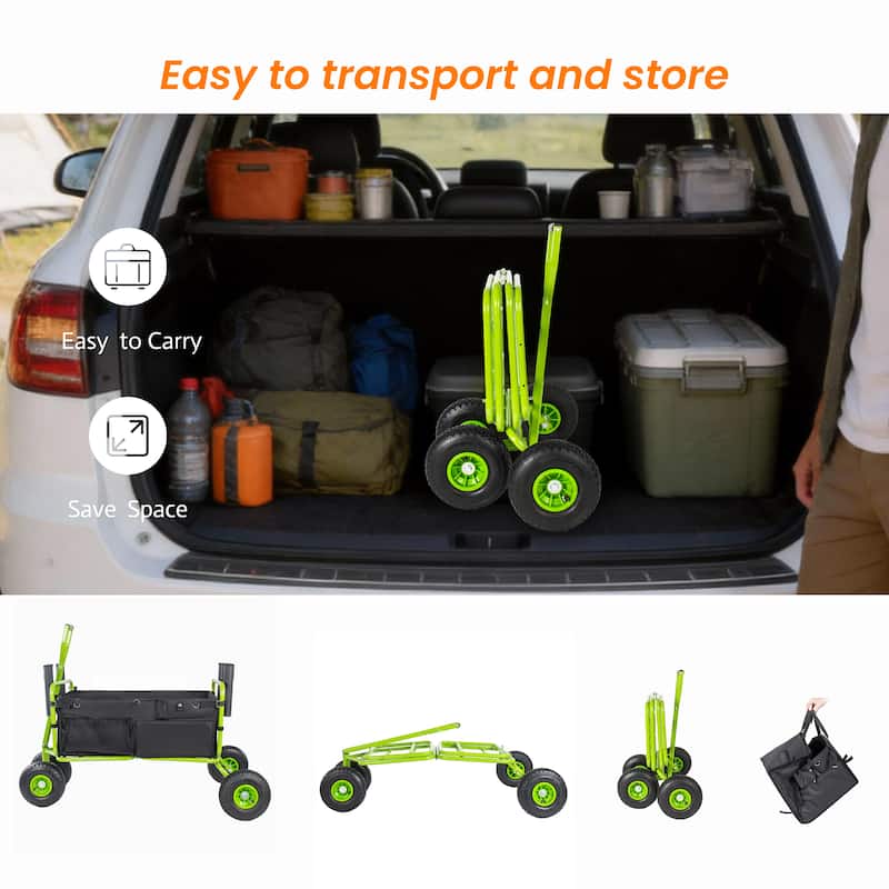 Beach Cart Collapsible Wagon 9.85"All-Terrain Wheels,Heavy Duty Garden Cart with Rod Holders,Umbrella Holder and Storage Pockets