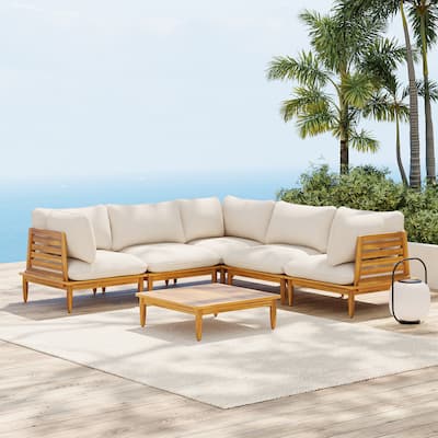 Scott Living Sacova Outdoor Acacia Wood V Shape Seating Set, Teak Finish Frame with Beige Cushion