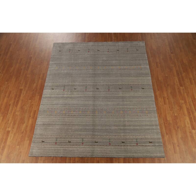 Hand Knotted Oriental 100% Wool Carpet Tribal Animal Pictorial Greys & Charcoal Gabbeh Area Rug - 9' 9'' X 7' 11''