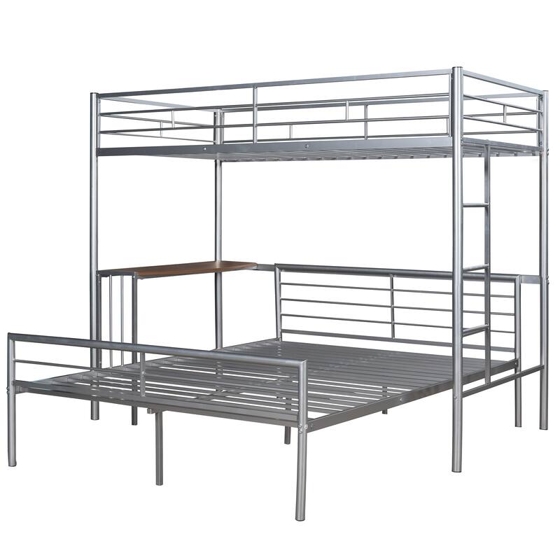 Twin over Full Size Metal Bunk Bed with Desk, Ladder and Quality Slats for Bedroom, Metallic