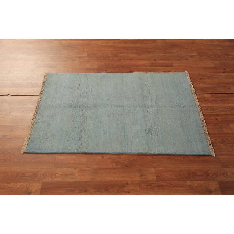 Light Blue Gabbeh Modern Rug Hand-Knotted Solid Wool Carpet - 2'7" x 3'9"