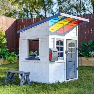 Teamson Kids Issac Wooden Playhouse with Colorful Overhang, Flower Box and Bench