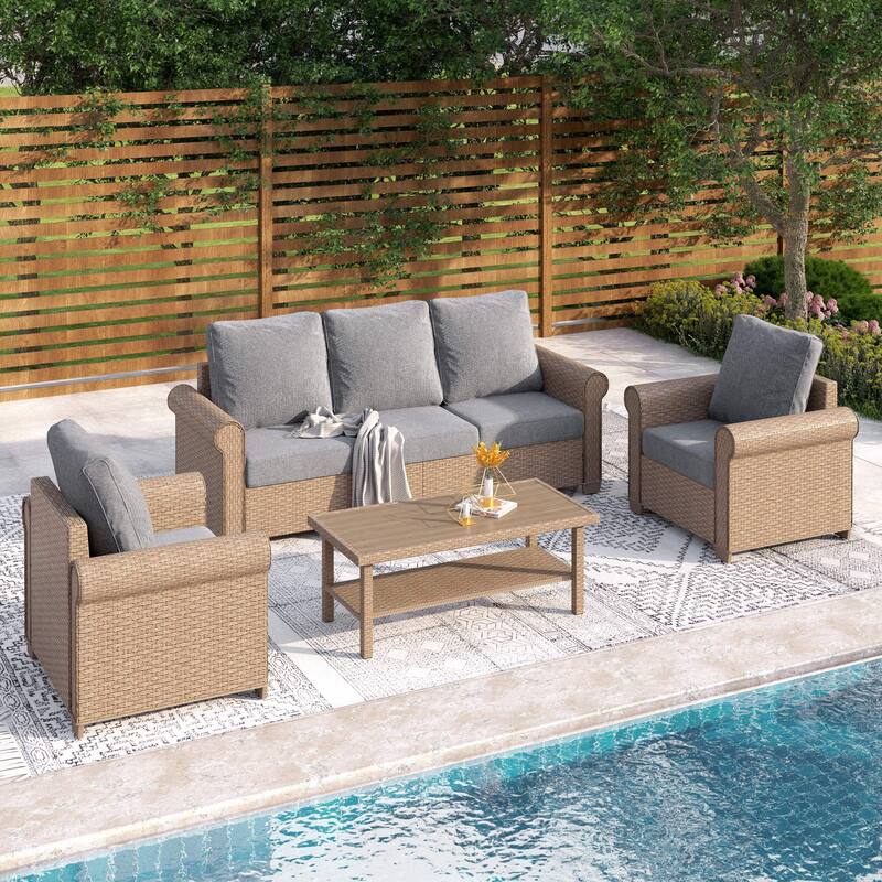 MAISON ARTS Luxury Wicker Patio Conversation Sofa Set with Curved Armrests with Cushions - with Coffee Table - Grey