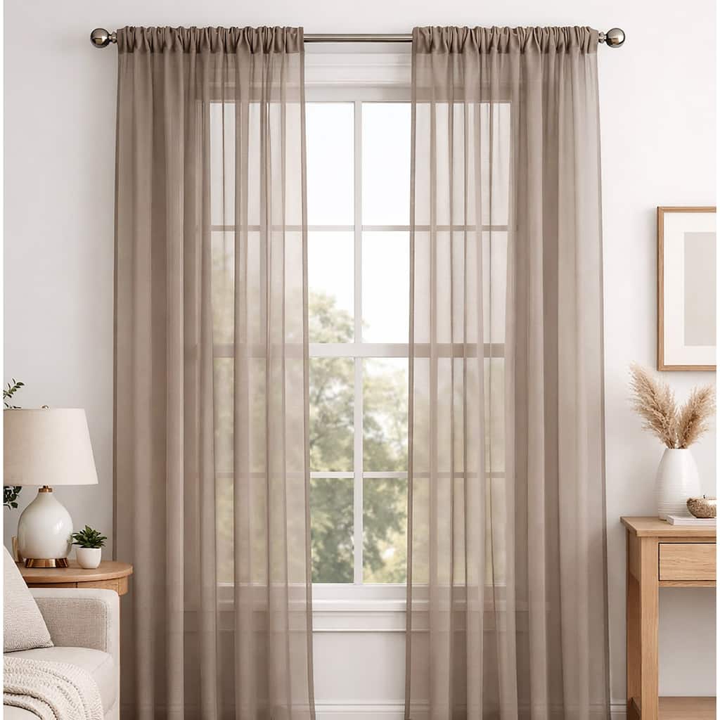 Taupe Sheer Window Rod Pocket Curtain Set 90" Inches Long (2 Panels)