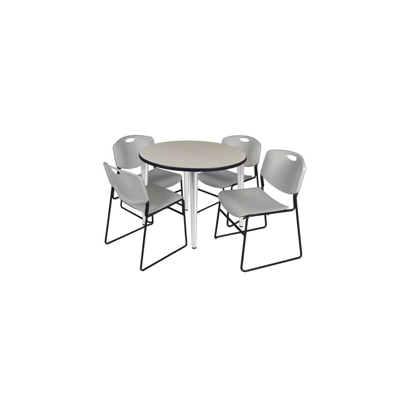 36 in. Round Breakroom Table- Maple Top, Chrome Base & 4 Stack Chairs- Grey
