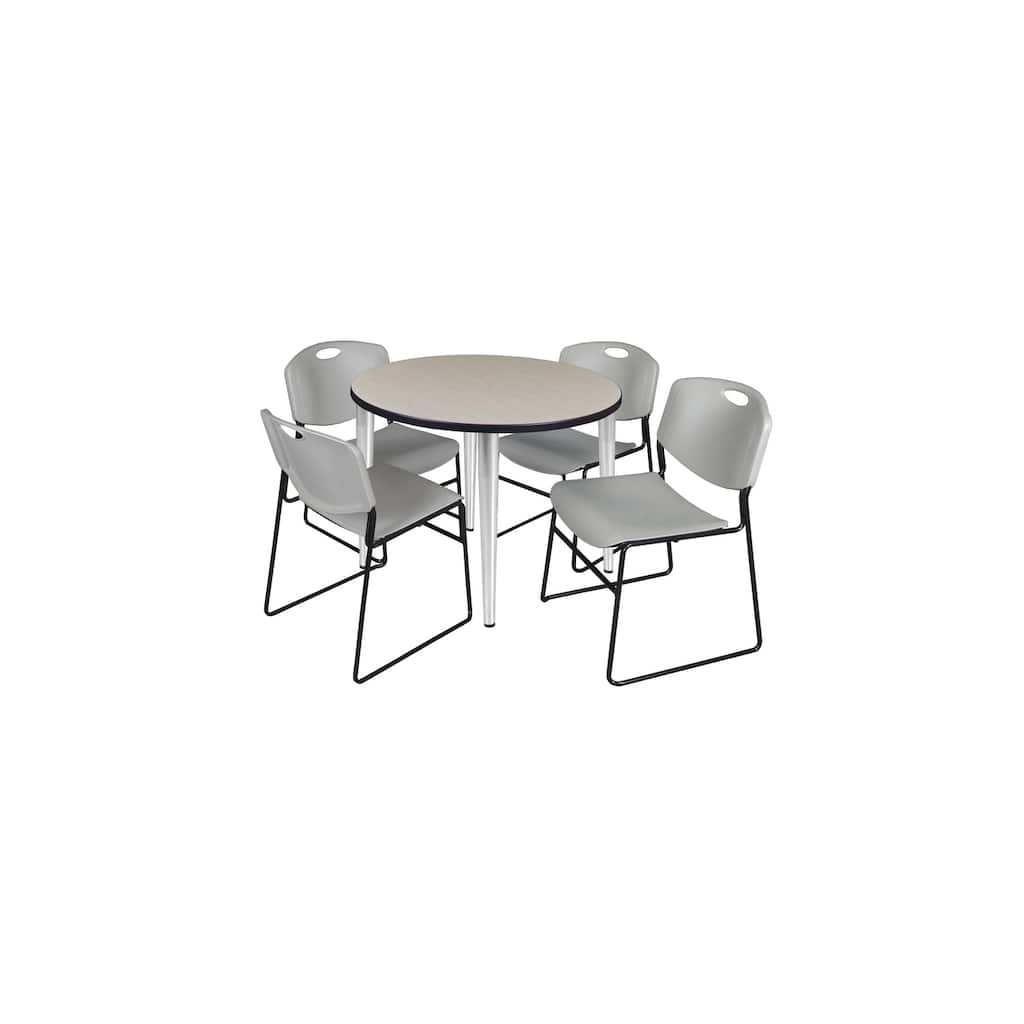 36 in. Round Breakroom Table- Maple Top, Chrome Base & 4 Stack Chairs- Grey