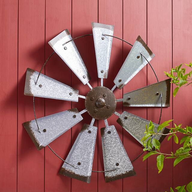 Glitzhome Farmhouse Rustic Wind Spinner Wall Decor - 22 x 22 - Round Silver
