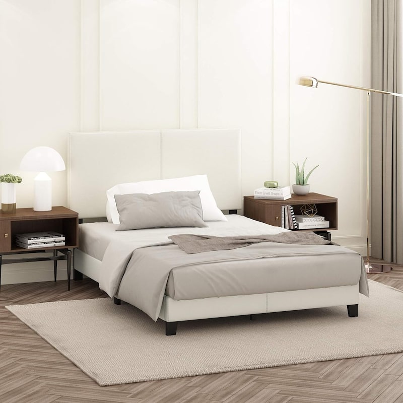 King Size Upholstered Bed Frame - Black PU Leather Platform Bed with Foam Headboard - Modern Glam Style
