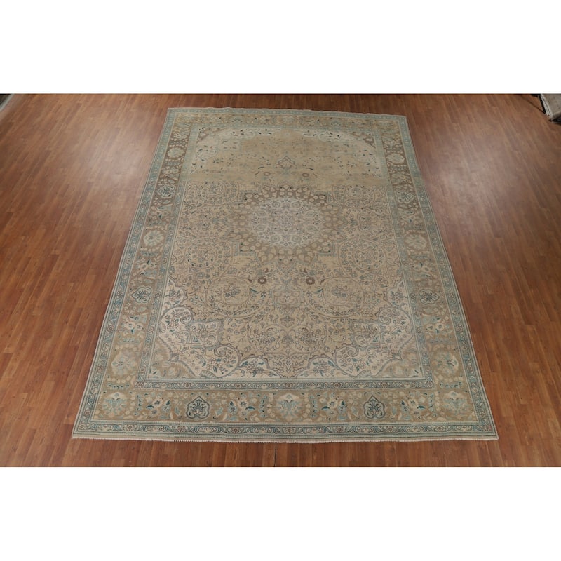 Distressed Tabriz Vintage Persian Rug Hand-Knotted Peach Wool Carpet - 9'11" x 13'3"