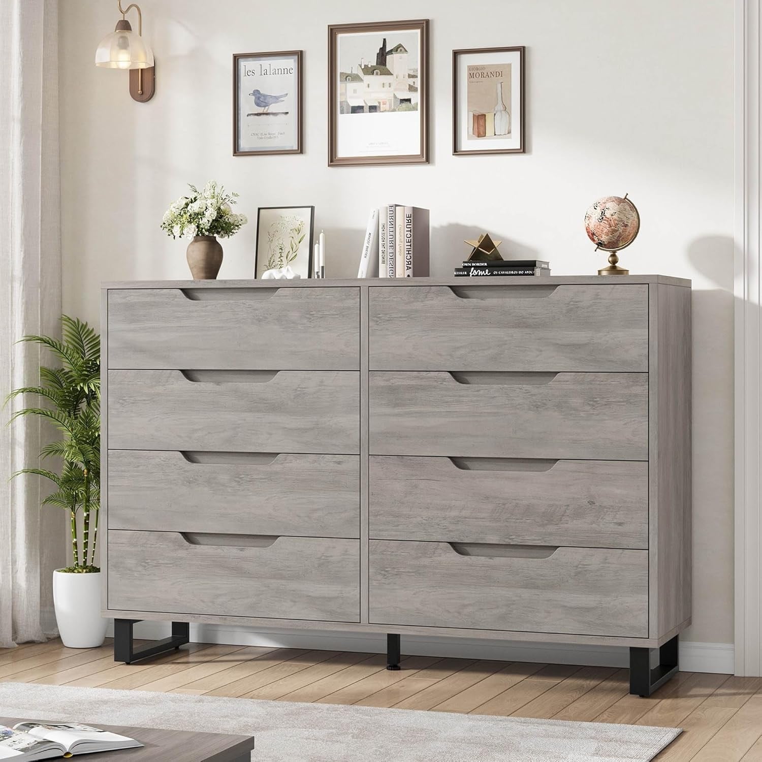 Farmhouse Drawer Wide Wooden Storage Cabinet w/ Sturdy Metal Legs, Freestanding Horizontal Organizer for Bedroom/Living