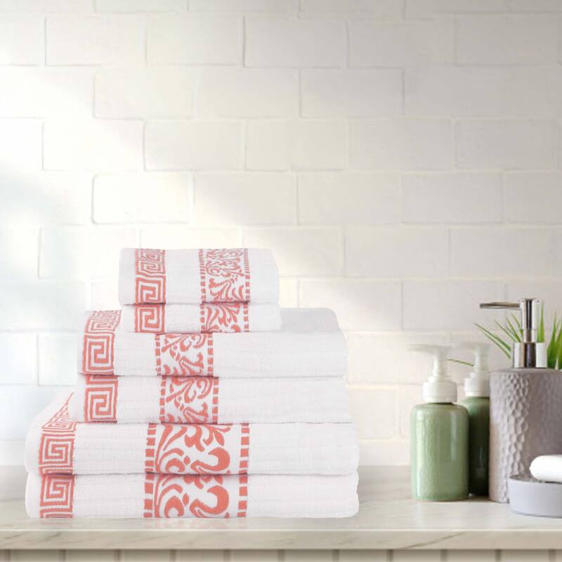 Superior Athens Cotton Floral Border Greek Key 6-Piece Towel Set - Coral