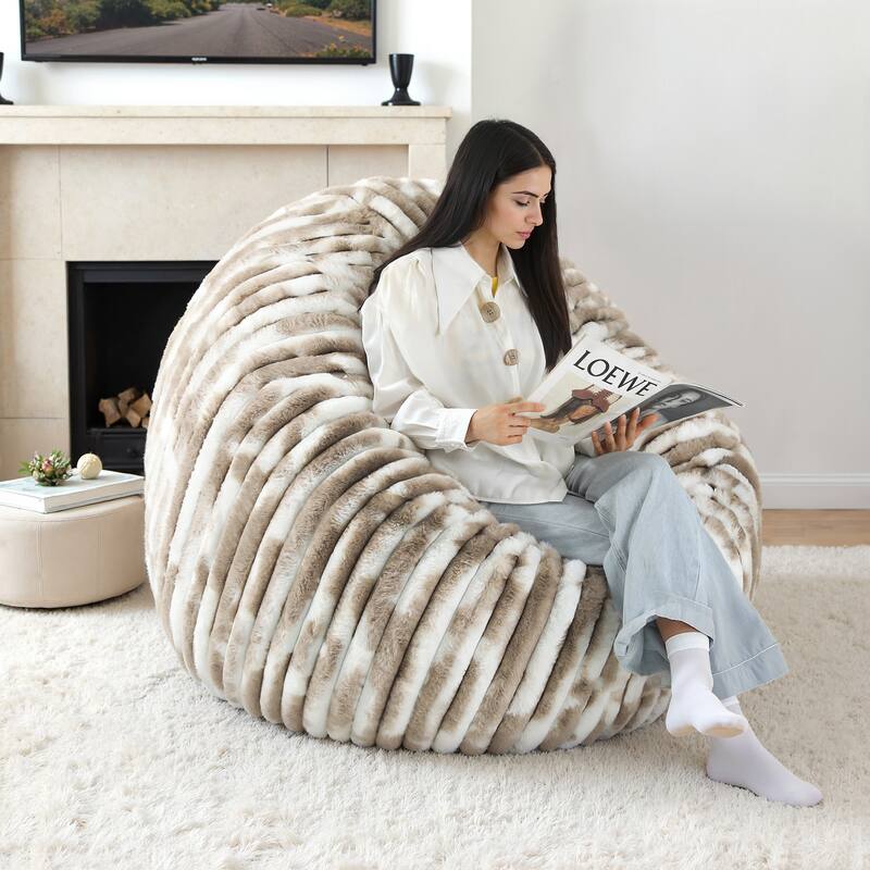 UIXE Modern Plush Faux Fur Bean Bag Chair - White Brown