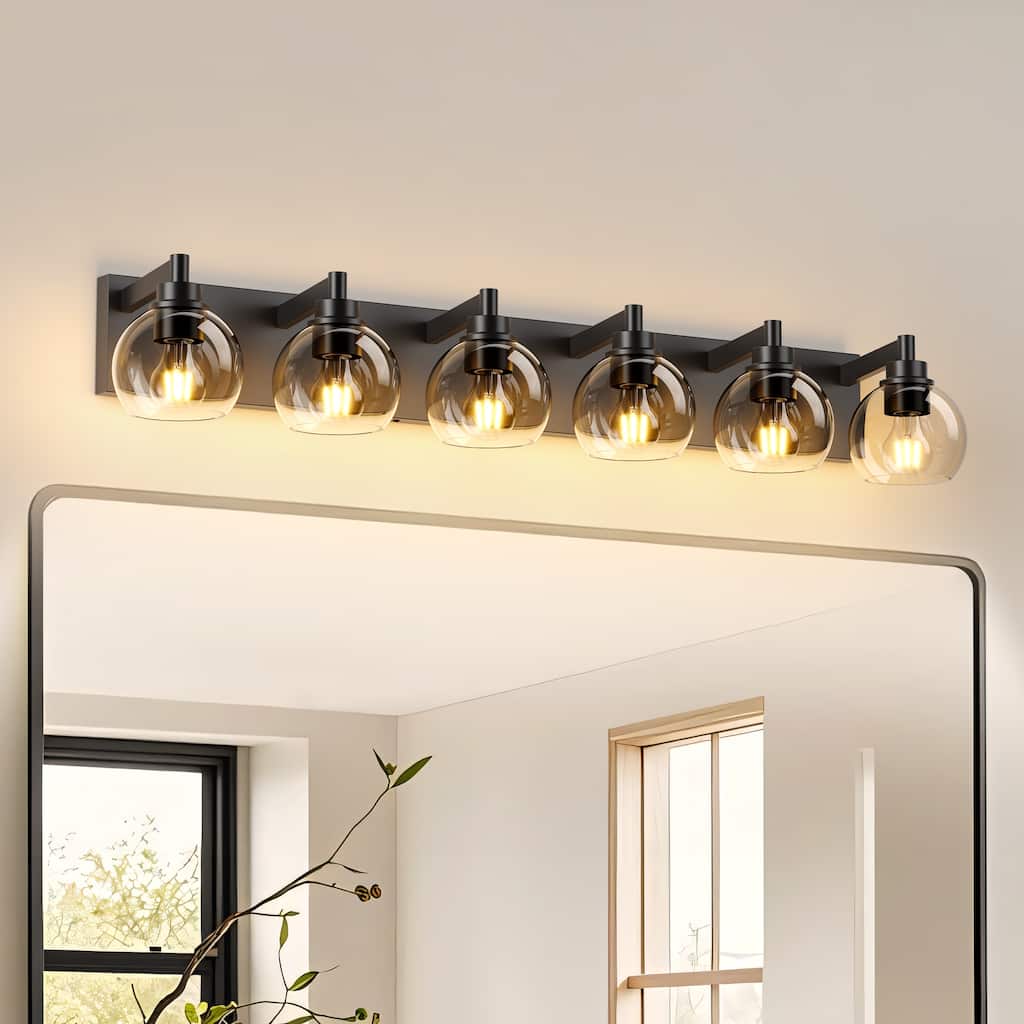 Farmhouse Bathroom Vanity Light Fixtures, 6-Light Wood Bathroom Light Fixtures Over Mirror, Rustic Sconces Wall Lighting - Black