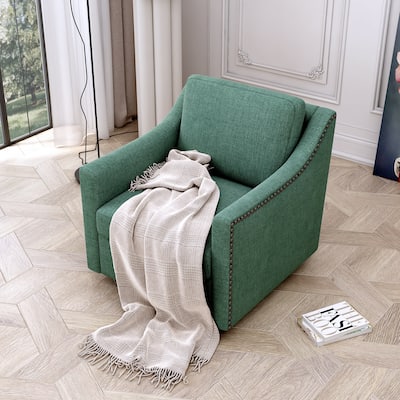 Cotton Linen Fabric Swivel Barrel Armchair, Ergonomic Upholstered Accent Chair, Single Sofa Chair with Brass Nail Decorative