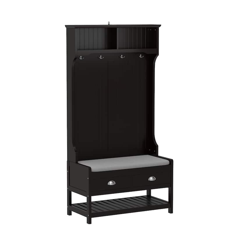 3-in-1 Wood Coat Rack with 2 Storage Drawer and Padded Seat Cushion