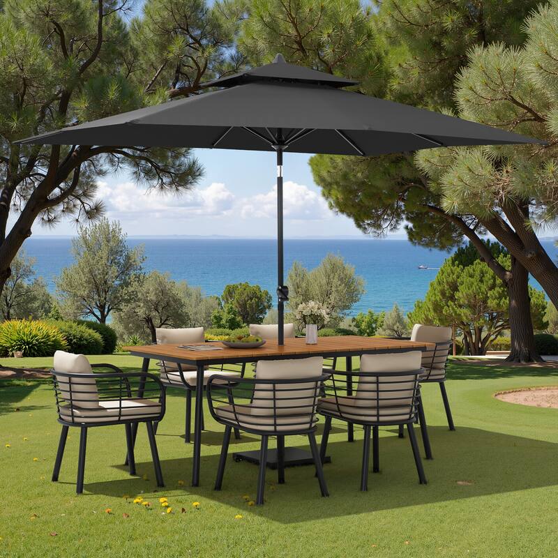 9PC Outdoor Patio Dining Set Aluminum Table with Sunbrella Cushion Chairs w/ Premium Market Umbrella Sets