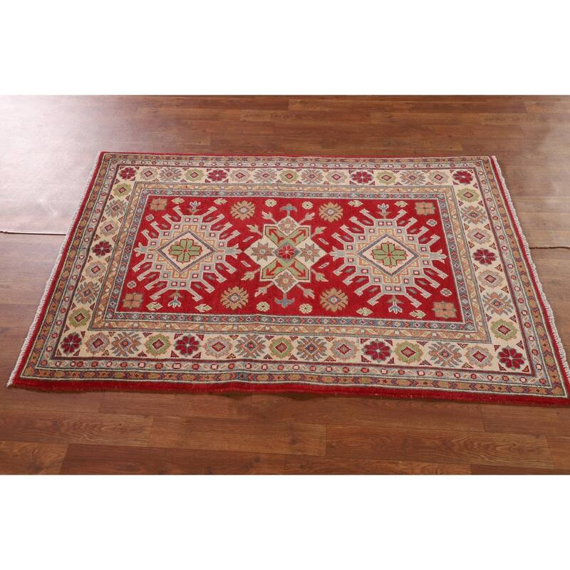 Red Kazak Oriental Accent Rug Handmade Geometric Wool Carpet - 3'3"x 5'0"