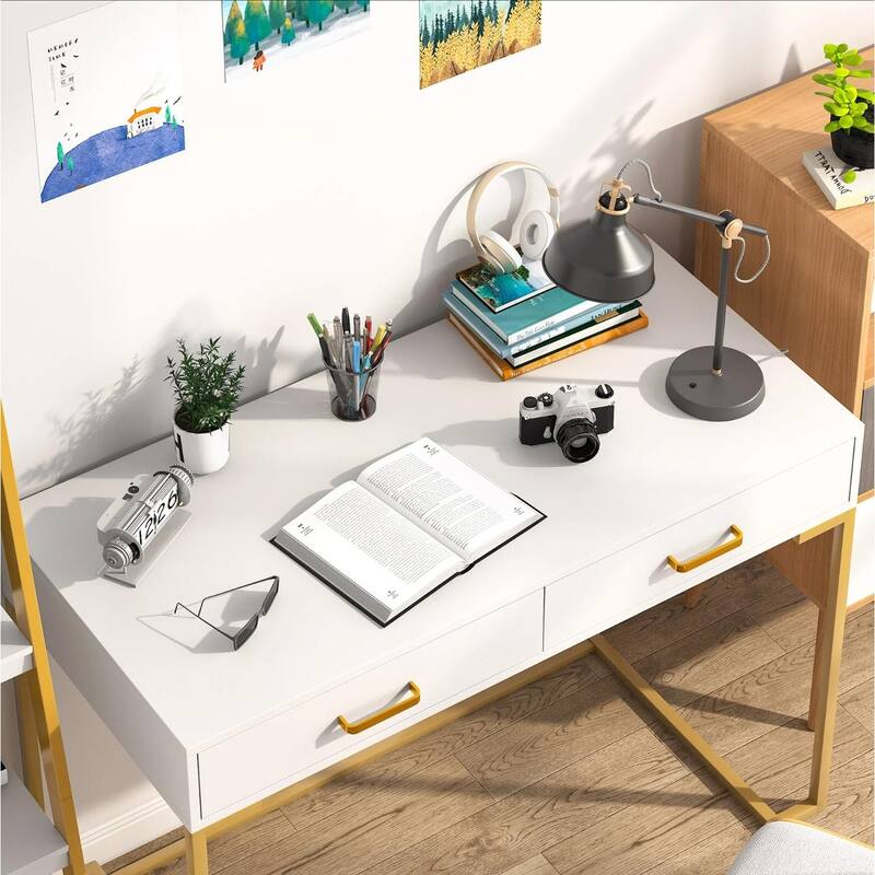 40" White and Gold Modern Computer Desk with 2 Drawers