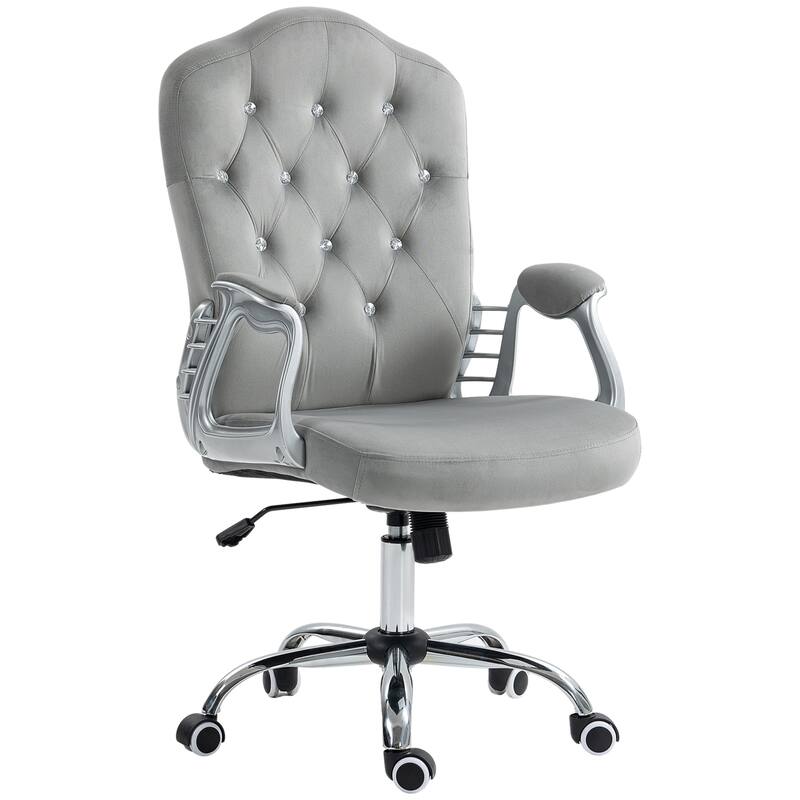 Vinsetto Velvet Office Chair - Button Tufted Adjustable Swivel Desk Chair with Wheels, Light Gray - Gray