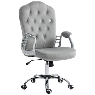 Vinsetto Velvet Office Chair - Button Tufted Adjustable Swivel Desk Chair with Wheels, Light Gray