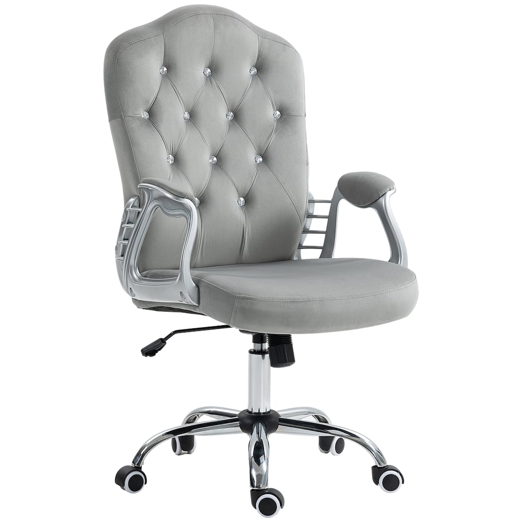 Vinsetto Velvet Office Chair - Button Tufted Adjustable Swivel Desk Chair with Wheels, Light Gray