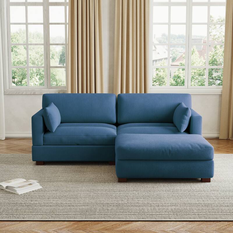 85in.W Corduroy Modular 3-Piece L-Shaped Sectional Sofa with Ottoman - Navy