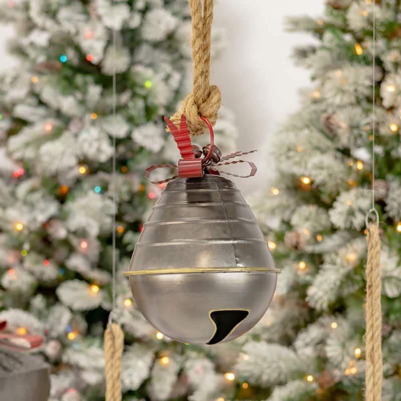 Set of 7 Large Galvanized Jingle Bells with Ribbon and Rope - 10x10x10.5