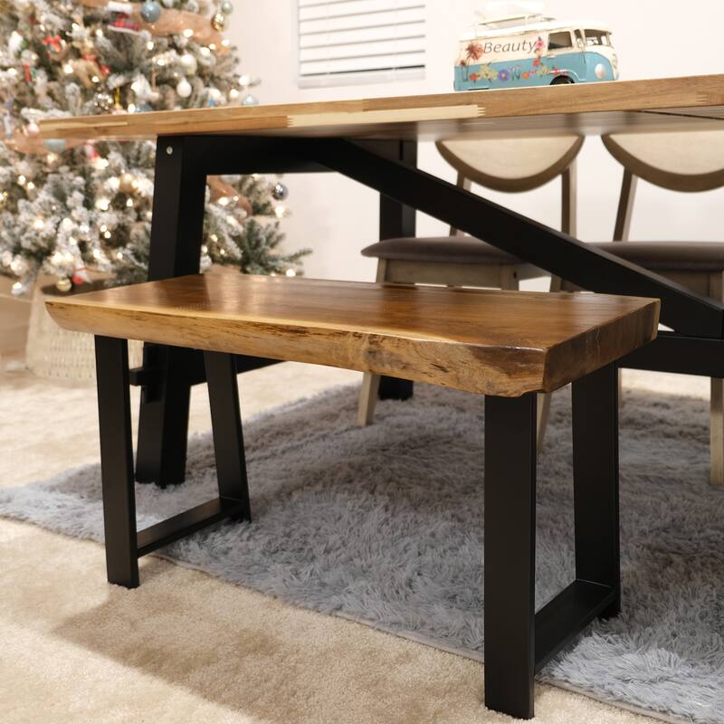 Greenage Pieced Teak Rectangle Bench Rustic Metal Seating Chair