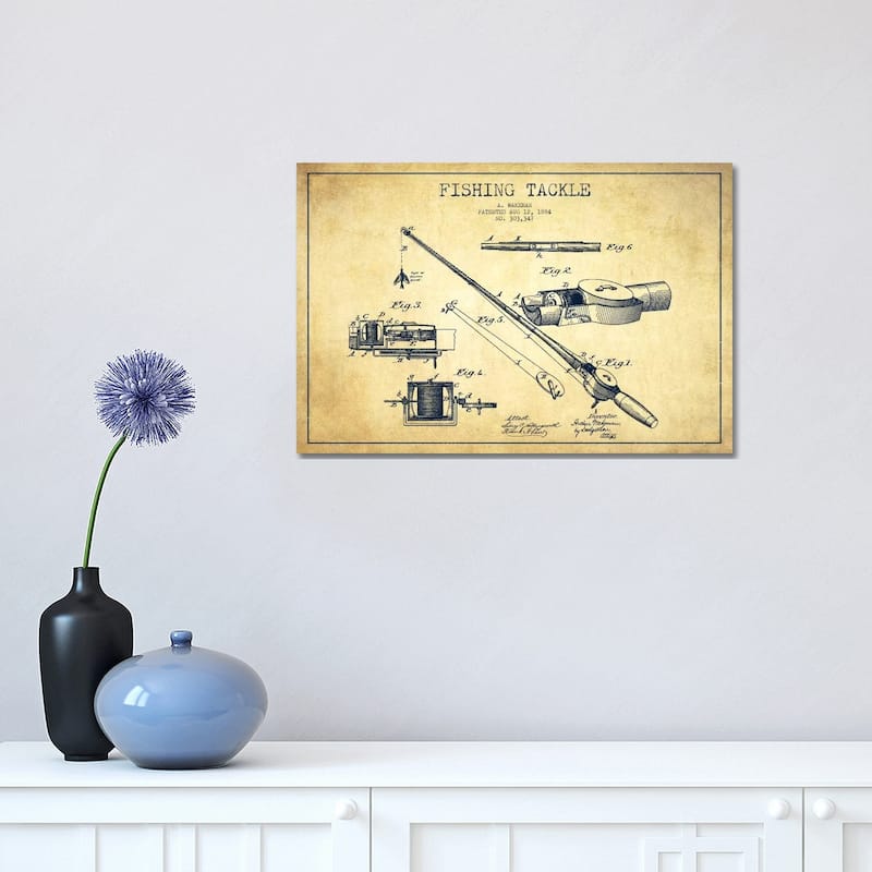 iCanvas "Fishing Tackle Vintage Patent Blueprint" by Aged Pixel Canvas Print - 12x18x1.5