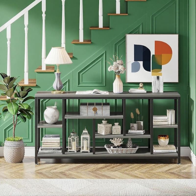 Industrial Console Table with Wood Top and Black Metal Frame Multi Tier Narrow Sofa Entryway Hallway Table
