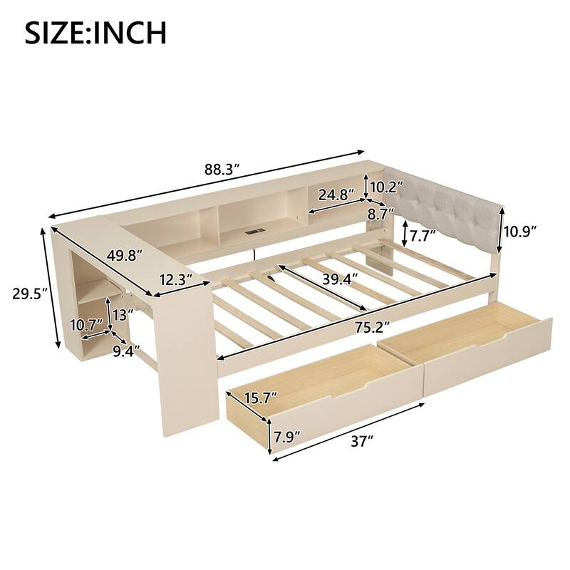 Wooden Platform Bed Multi-Functional Daybed with Desk, Linen Headboard, 2 Drawers, Charging Station and Mulit-Storage Shelves