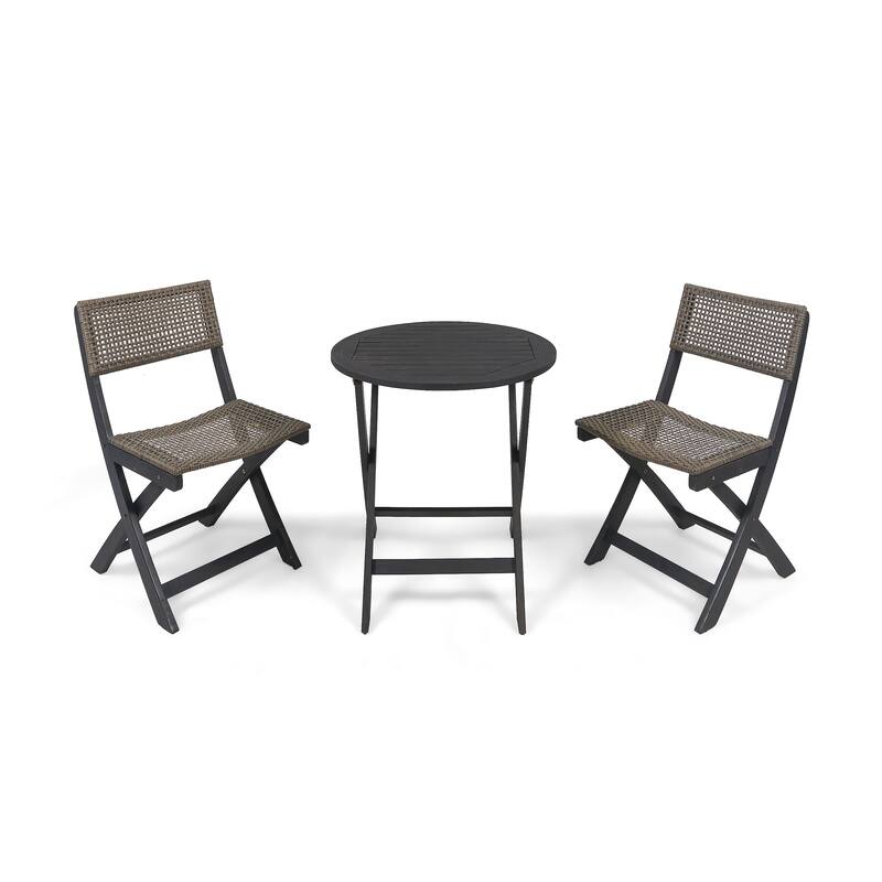 3 Piece Acacia Wood Patio Folding Bistro Set with Wicker Weave Seating and Backrest