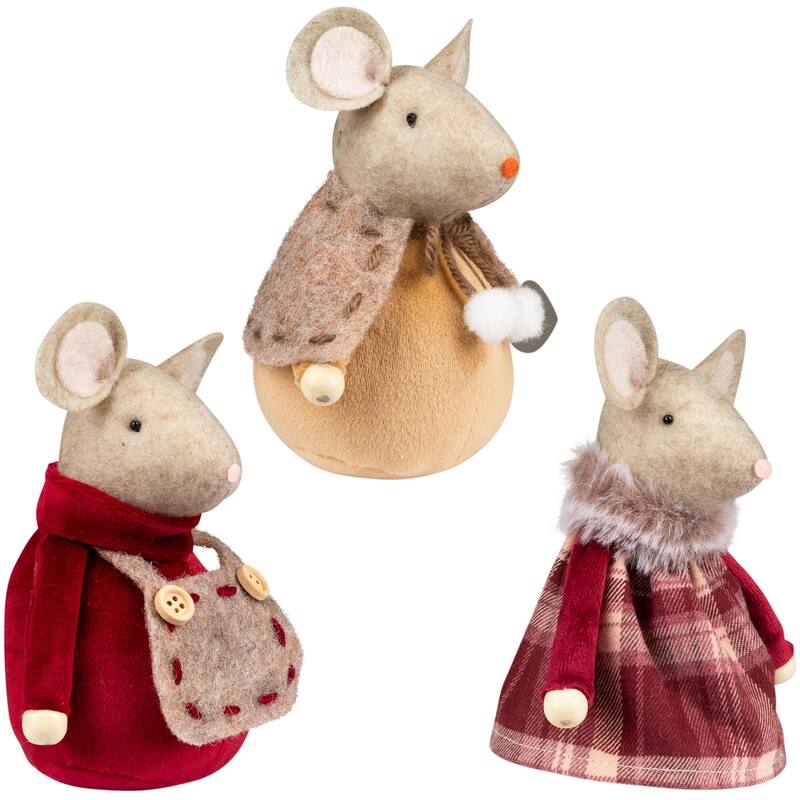 Plush Mice Trio Christmas Figures - 5" - Sand Brown and Burgundy - Set of 3