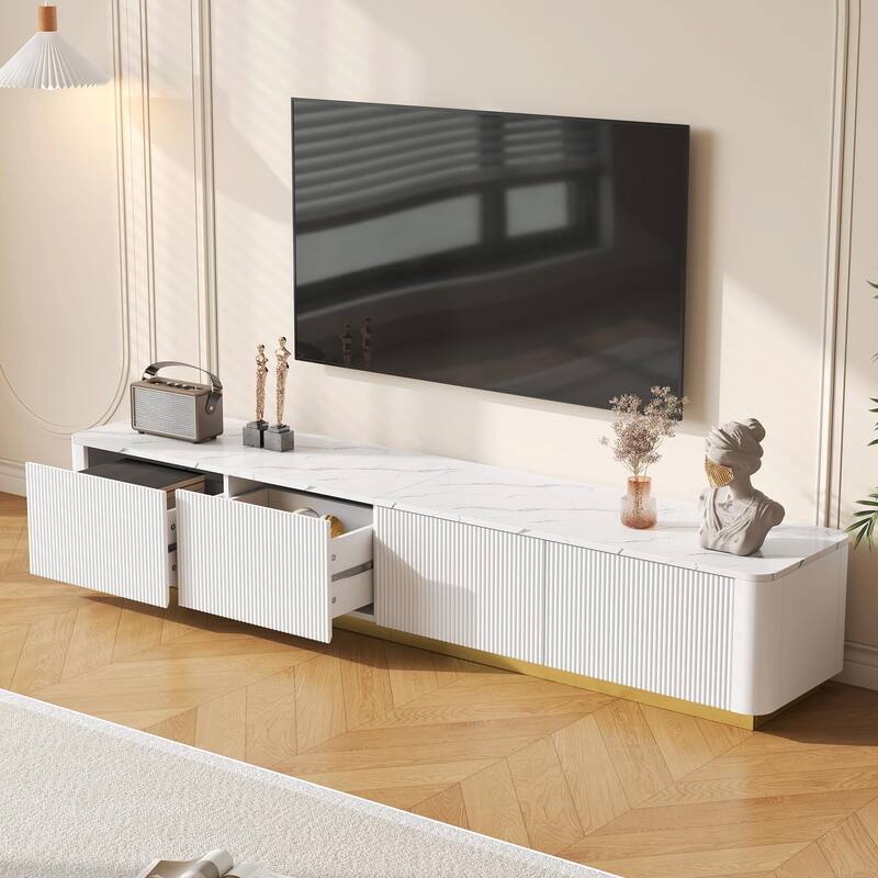 Luxury Fluted TV Stand for TVs Up to 85", Faux Marble Media Console with 4 Drawers