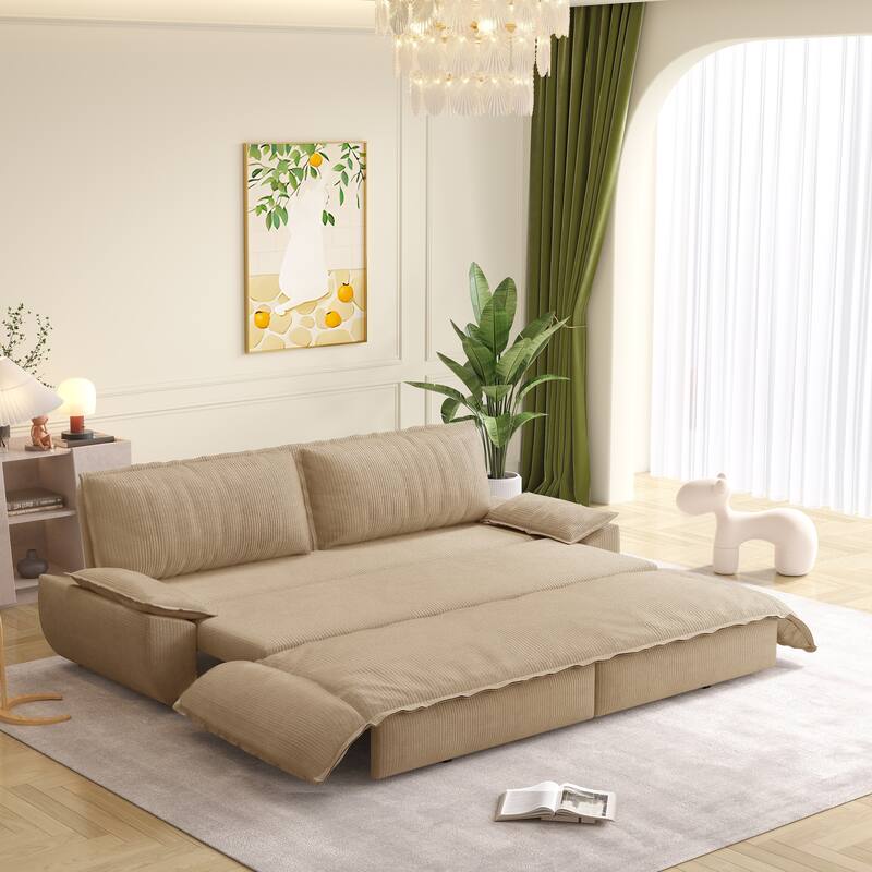 73.2" Queen Pull Out Sofa Bed, 3-in-1 Convertible Sleeper Sofa, Multi-Functional Corduroy Loveseat Bed - Camel