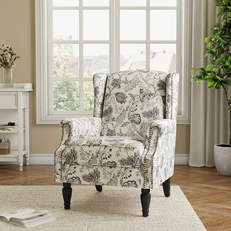 Traditional Floral Patterned Wingback Armchair with Nailhead Trim - Plants Beige