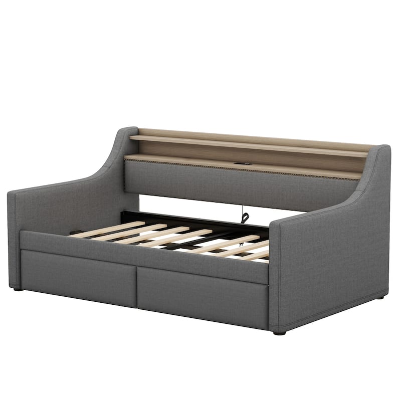 Twin Size PU Leather Upholstered Daybed with Storage Drawers, Charging Station, LED RGB Lights & Headboard Storage