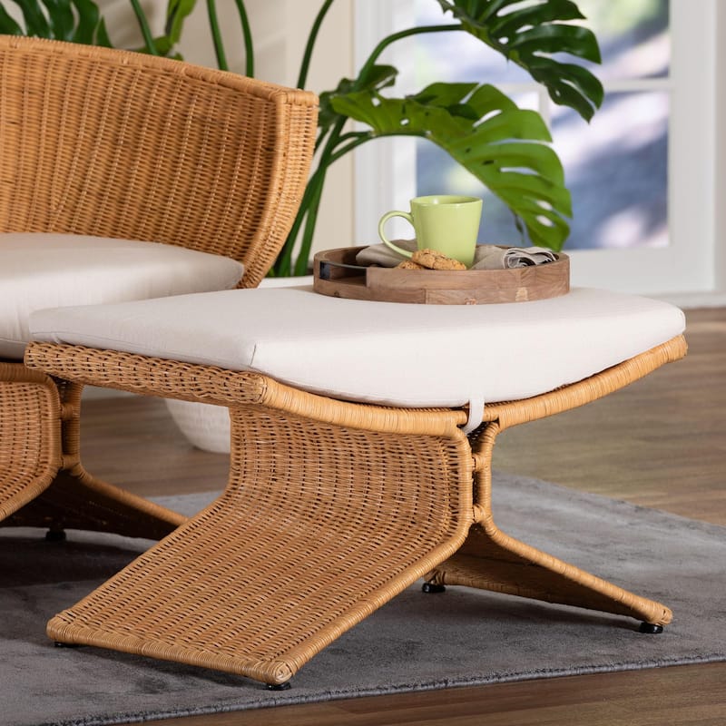 Reya Natural Rattan Footstool - Sculptural Handwoven Ottoman with Pedestal Base for Boho Coastal Living Spaces
