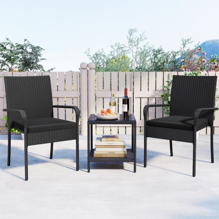 3 Piece Black PE Rattan Patio Set with Metal Frame, Cushions and Glass Table - Chair: 23" x 22.5" x 35"