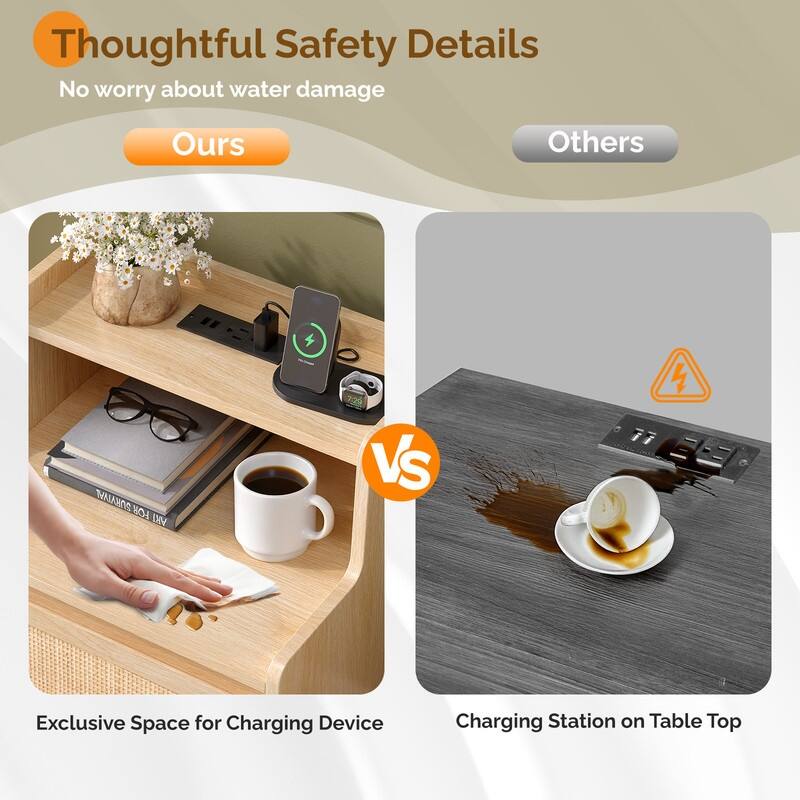 Oak Nightstand with 2 Drawers, Shelf, Socket & Rattan Detail