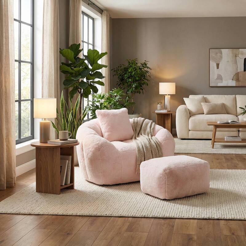 HOMYLIN Giant Bean Bag Chair with Footstool, Soft Lounge Seat - Pink