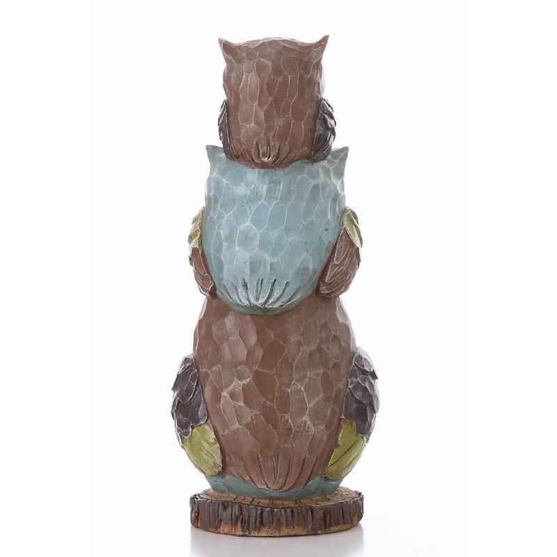 17.75" Green Blue Three Stack of Wide-Eyed Owls Outdoor Garden Statue