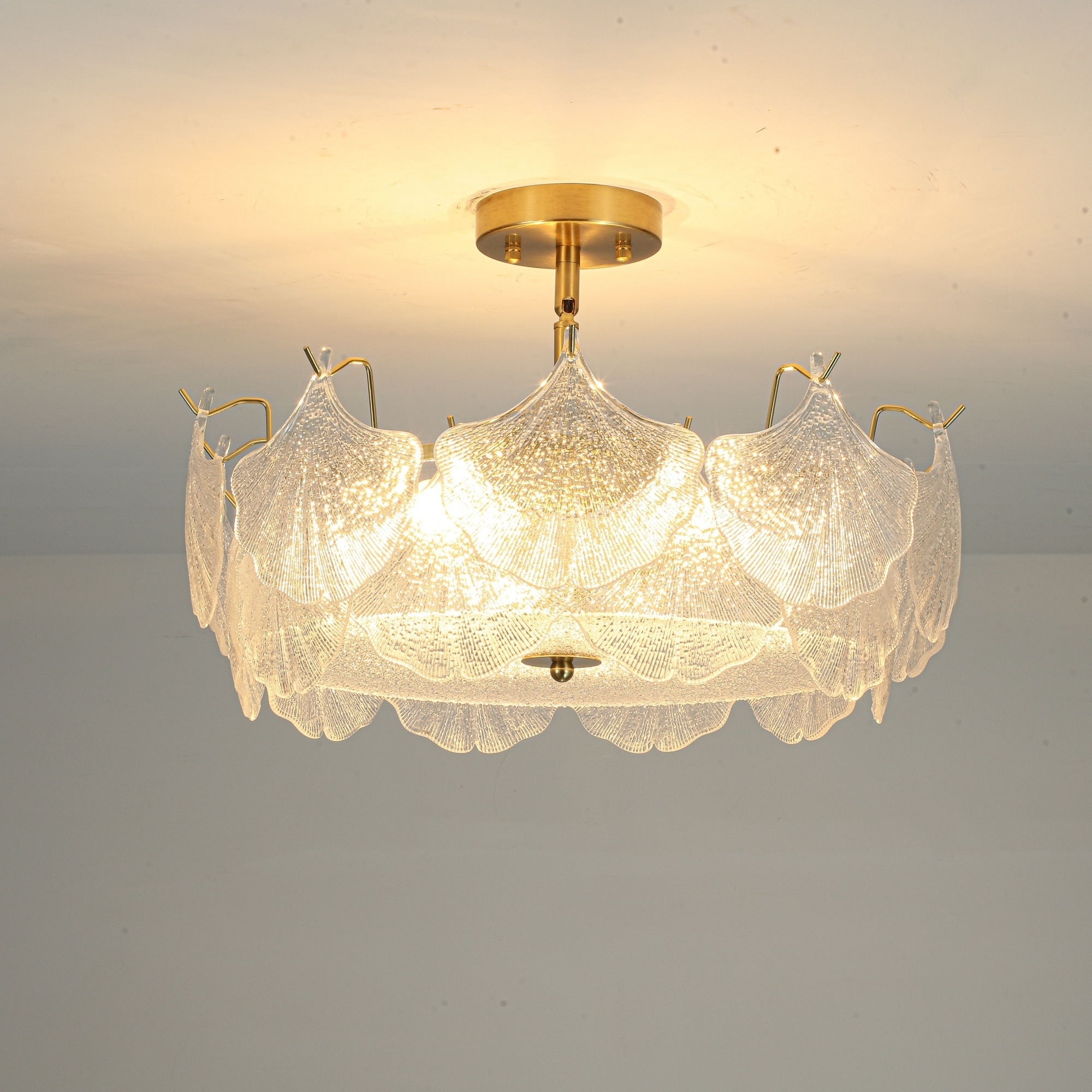 Rennnsan 3-Light Ginkgo Leaf Semi-Flush Mount Ceiling Light, Brushed Brass Textured Glass Chandelier for Bedroom Entryway