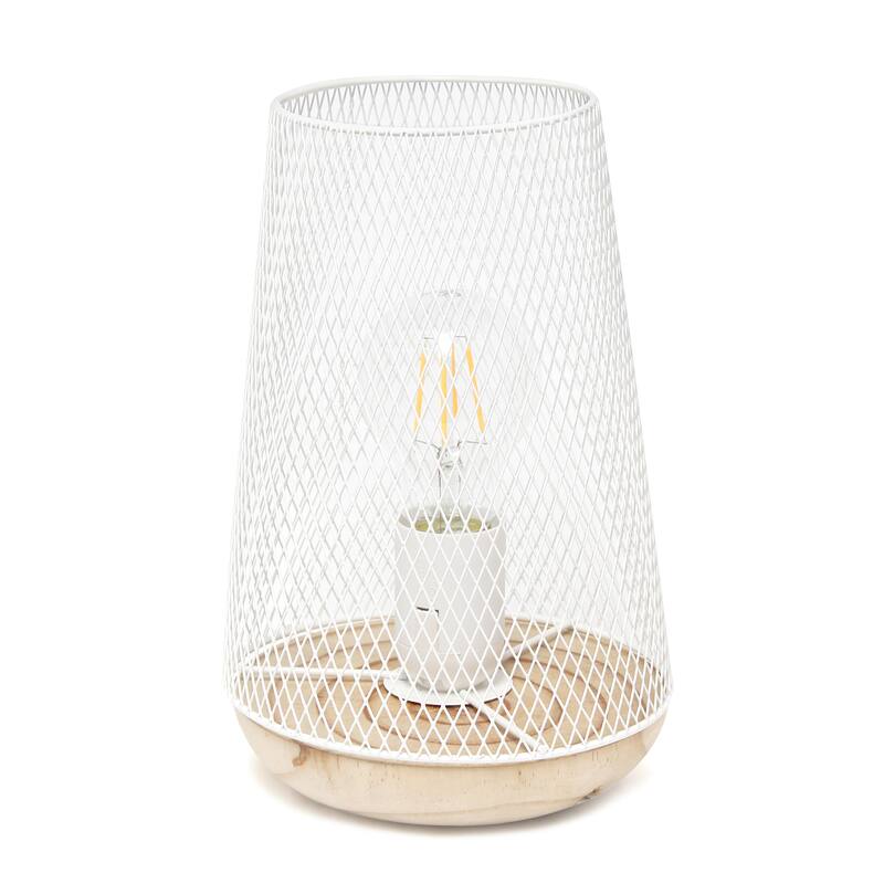 Metal Open Cage Mesh Table Lamp with Pine Wood Base - 6 x 6 x 9 in. (L x W x H) - White