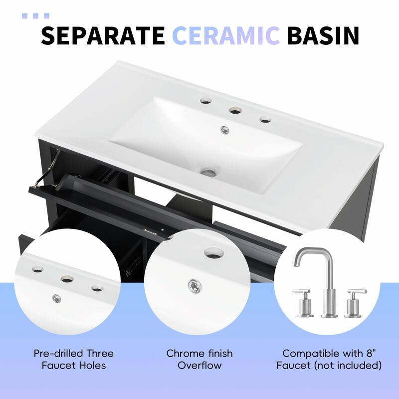 Bathroom Vanity with Sink, Modern MDF and Rubberwood Cabinet with 3 Drawers and Adjustable Shelf