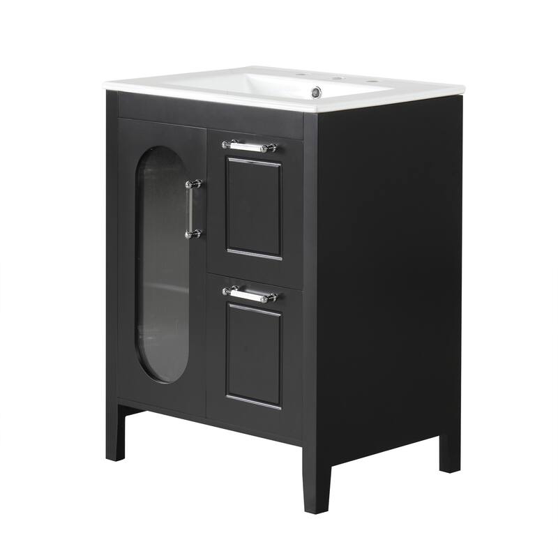 24" Black Bathroom Vanity with Sink - Solid Wood & MDF, Moru Glass Door, 2 Drawers, Adjustable Shelf