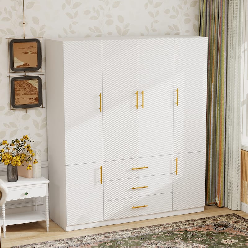 Armoire Wardrobe Closet with Drawer and Shelves, Freestanding Wooden Bedroom Armoire Closet with Hanging Rod