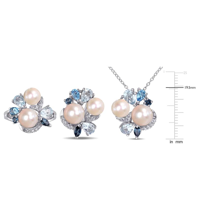 Miadora Cultured Freshwater Pearl 6 2/5ct TGW Created White Sapphire Blue Topaz Jewelry Set Sterling Silver