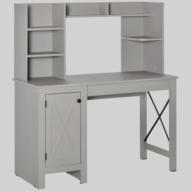 47" Farmhouse Style Writing Desk with Hutch, Cabinet, and Open Shelves for Home Office, Study - Grey