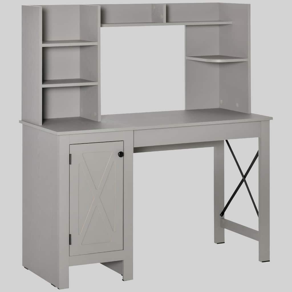 47" Farmhouse Style Writing Desk with Hutch, Cabinet, and Open Shelves for Home Office, Study